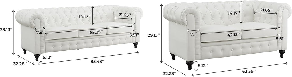 Naomi Home Emery Chesterfield Loveseat & Sofa Set with Rolled Arms, Tufted Cushions for, Living Room, Bedroom, Apartment Easy Tool-Free Assembly – Off White