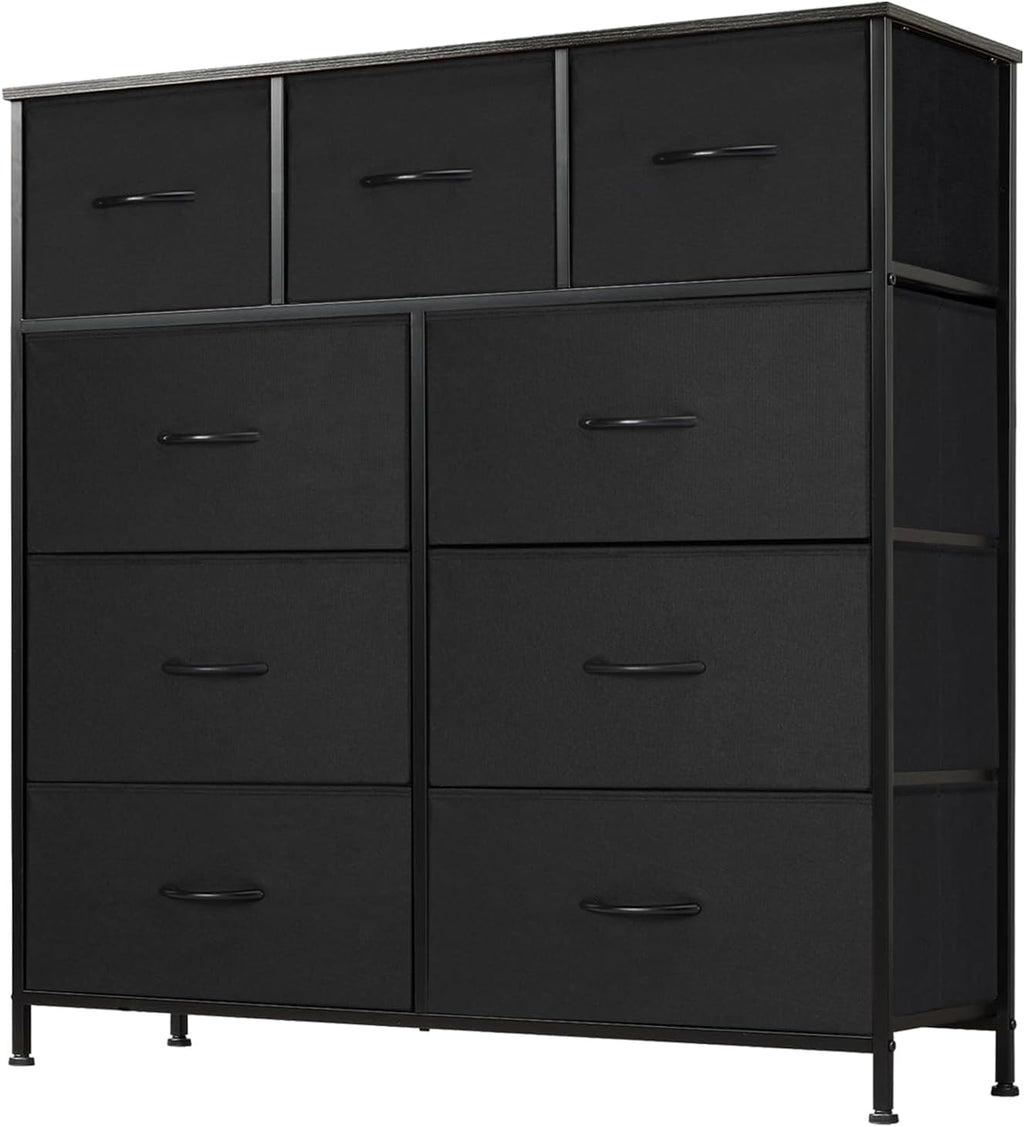 DUMOS Dresser for Bedroom, Storage Organizer with 9 Drawers, Chest of Drawers with Fabric Bins, Sturdy Metal Frame, Wood Tabletop for Guest Room, Closet, Entryway, Black