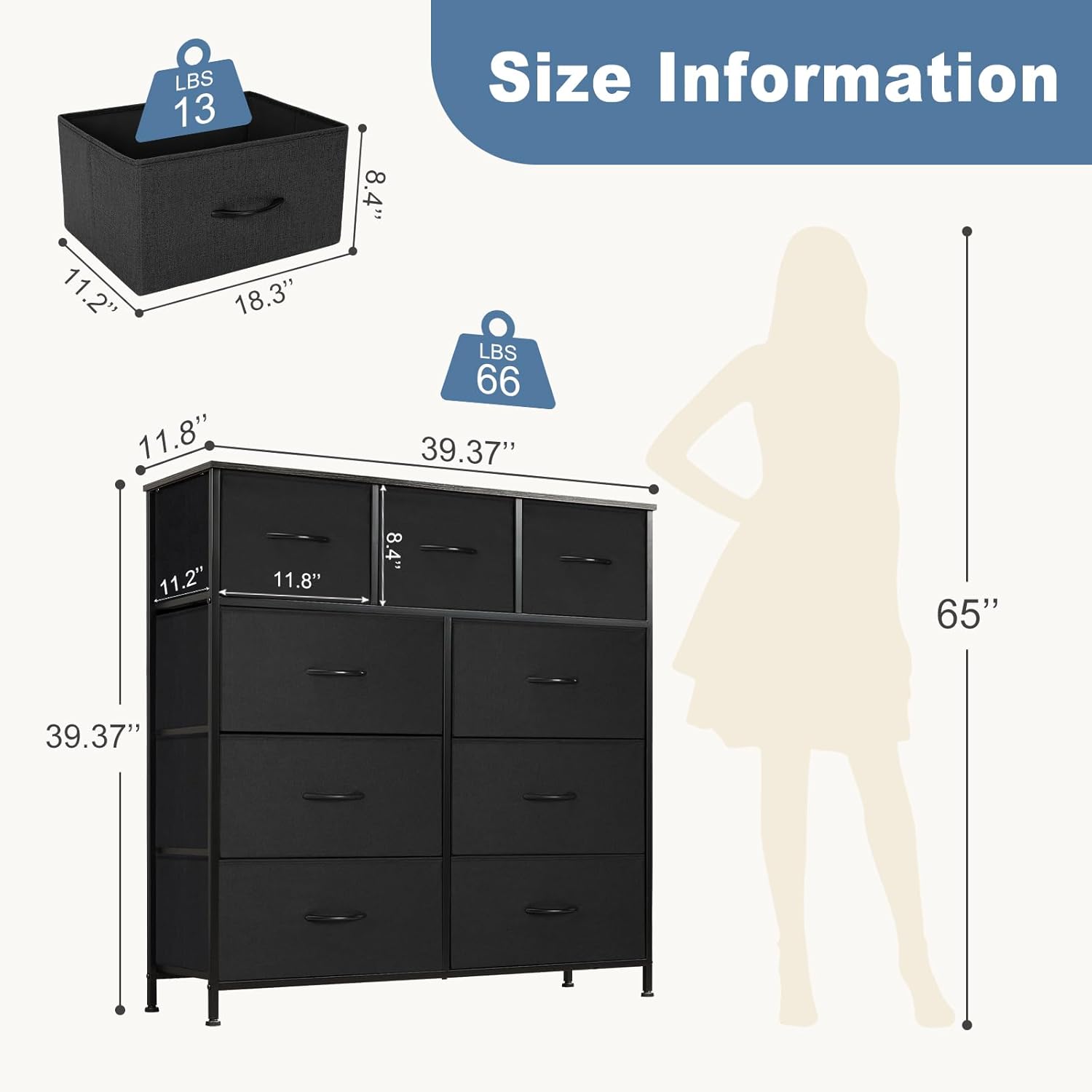 DUMOS Dresser for Bedroom, Storage Organizer with 9 Drawers, Chest of Drawers with Fabric Bins, Sturdy Metal Frame, Wood Tabletop for Guest Room, Closet, Entryway, Black