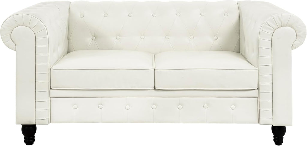 Naomi Home Emery Chesterfield Loveseat & Sofa Set with Rolled Arms, Tufted Cushions for, Living Room, Bedroom, Apartment Easy Tool-Free Assembly – Off White