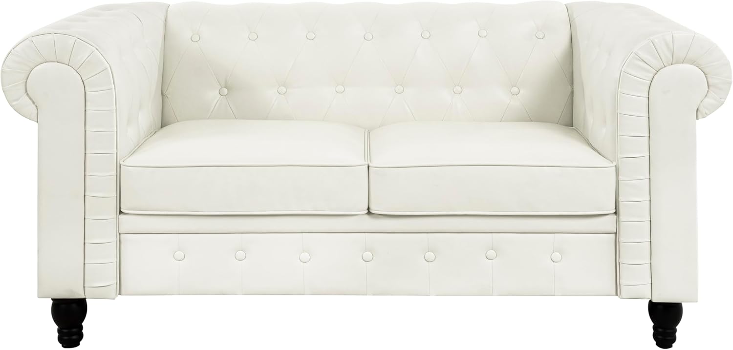 Naomi Home Emery Chesterfield Loveseat & Sofa Set with Rolled Arms, Tufted Cushions for, Living Room, Bedroom, Apartment Easy Tool-Free Assembly – Off White