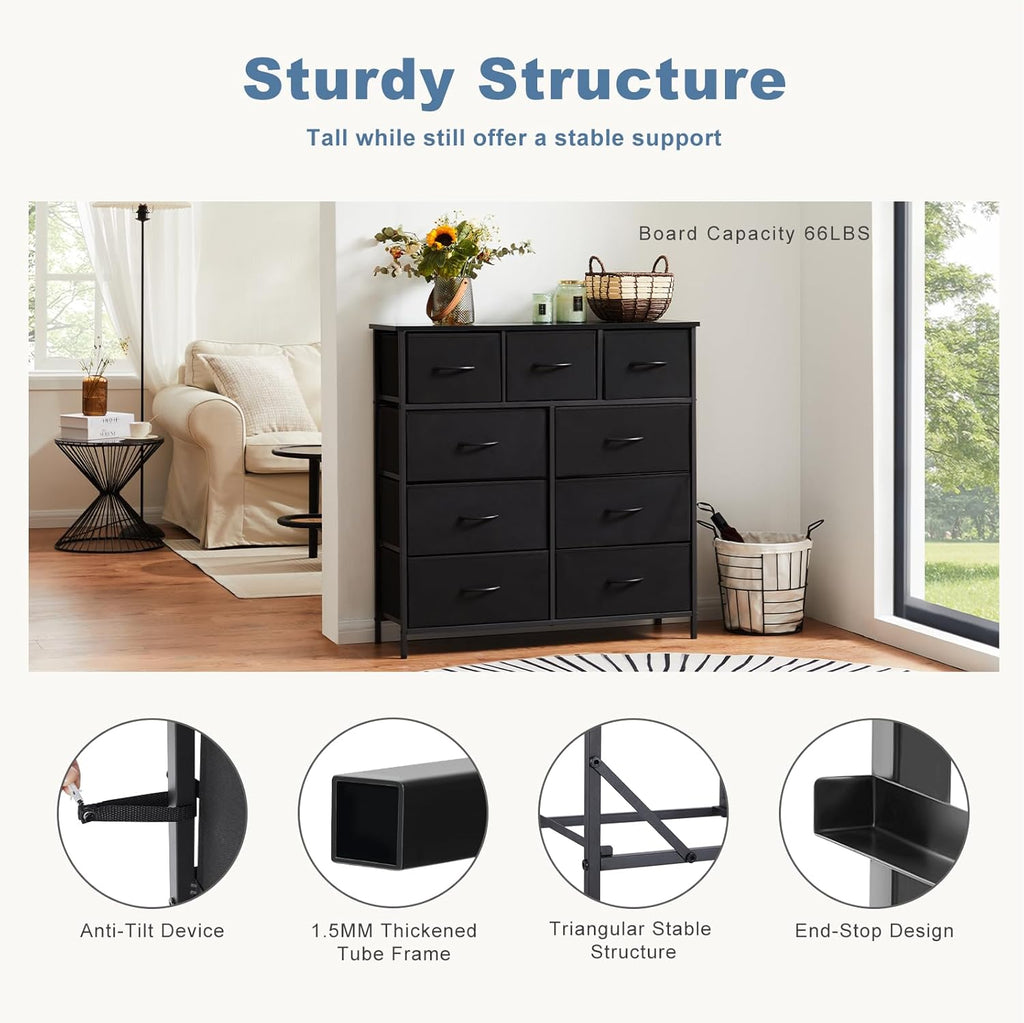 DUMOS Dresser for Bedroom, Storage Organizer with 9 Drawers, Chest of Drawers with Fabric Bins, Sturdy Metal Frame, Wood Tabletop for Guest Room, Closet, Entryway, Black