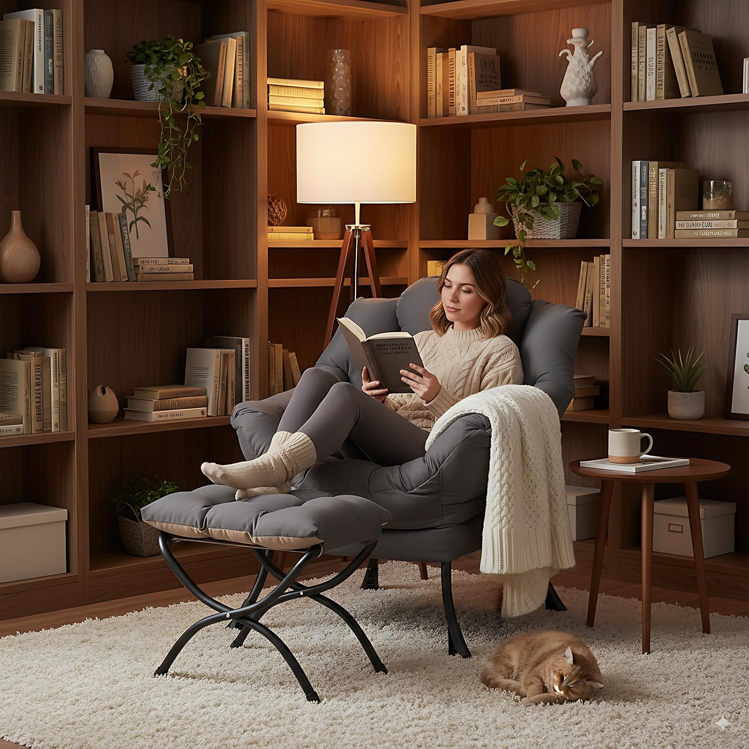 LITA Lazy Chair with Ottoman, Modern Accent Leisure Upholstered Lazy Sofa Armchair, Contemporary Lounge Reading Chair with Armrests and a Side Pocket for Living Room, Bedroom & Small Space, Dark Grey